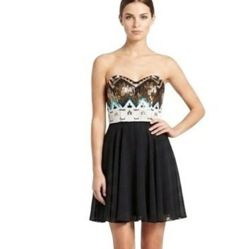 GB Sequin Bodice Strapless Dress Womens Large Black Gold Geometric Mini Cocktail